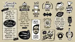 咖啡厅菜单, 手绘涂鸦图形插图与糕点和饮料, 素食主义者菜单, 咖啡和茶符号, 冰淇淋和冰鸡尾酒, 