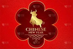 中国新年与牛在花红色背景