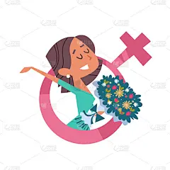 快乐女孩手持花束三八妇女节节日庆祝概念横幅传单或贺卡