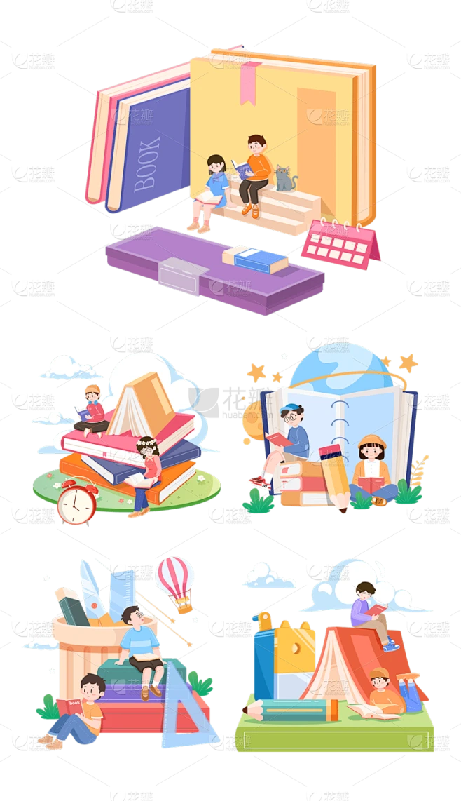 2309SC-素材组合-开学季新学期插画儿童人物场景素材-花瓣网