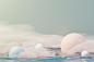 Photo 3d render of pastel ball, soaps bubbles, blobs that floating on the air with fluffy clouds and ocean. romance land of dream scene. natural abstract dreamy sky.