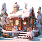 圣诞节平安夜3D立体雪景小屋装饰组合元素
