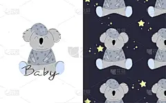 Koala in blue pajamas. Set of vector seamless back