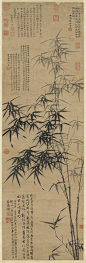 明 王绂 ·《竹轴》台北故宫博物院 | 王绂， 明初大画家，字孟端，号友石生，别号九龙山人。元至正二十二年(1362年)五月三日生，无锡人。幼年聪明好学，10岁已能作诗，15岁游学邑庠为弟子员。他尤喜绘画，曾师法吴镇、王蒙、倪瓒等画坛大家。明洪武十一年(1378年)被征召进京，不久便回乡隐居。洪武二十三年(1390年)后，因朝廷追究左相胡惟庸逆党事被累，发放到山西大同充当戌卒10余年。建文二年(1400年)回乡，隐居九龙山(即惠山)，赋诗作画，教授弟子。