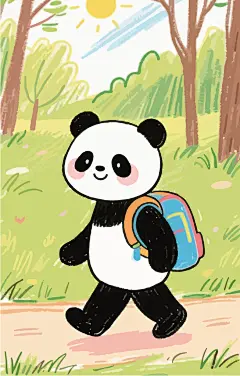 可爱大熊猫背书包上学插画