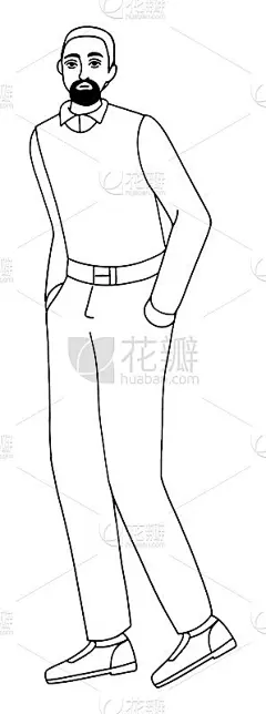 手绘矢量插图。一位老人走路时双手插在口袋里。涂鸦的人在休闲风格在充分成长。黑色轮廓图孤立在白色上。平