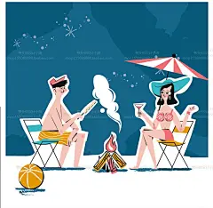 创意卡通插画冲浪沙滩排球度假放风筝美发远行旅游插画矢量UI素材-淘宝网
