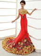 Red Strapless Satin Chapel Train Cheongsam / Qipao / Chinese Wedding Dress