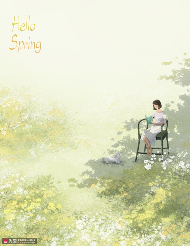 黄色花丛树影座椅看书女孩狗狗春季旅行插画...