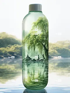 饮用水瓶中的江南水镇美景风景：划船的老人，河边的一排柳树海报