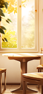 a table with chairs, in the style of minimalist backgrounds, windows vista, realistic and naturalistic textures, light yellow and light brown, duy huynh, uhd image, detailed foliage