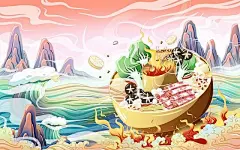 国潮美食插画手绘食物火锅国风铜火锅食品风景羊肉铜火锅
