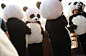 穿着熊猫服的人们在一个选出世界熊猫的比赛中间稍事休息。