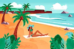 手绘人物夏季沙滩旅游风景插画海报