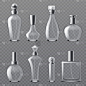 现实的香水瓶。各种形状的透明空瓶，玻璃喷雾容器，化妆品包装收藏。向量隔离透明背景设置