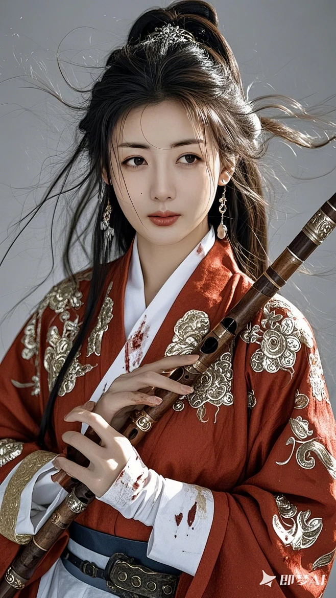 发型：散开的长发，凌乱的散刘海。_服饰：身穿红色古代套装，衣服上印有金色和银色的花纹，宽大白色衣领，金色衣袖，佩戴古风精美饰品，腰间携带一把 ...