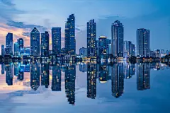 海港城市全景建筑水面倒影