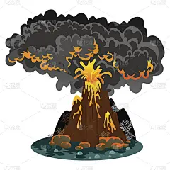 一组不同程度喷发的火山，一个沉睡或苏醒的危险的火山，从岩浆的灰烬和烟雾飞出，熔岩流下山的矢量插图