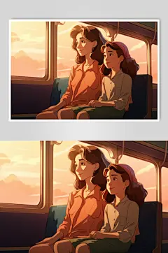 AI数字艺术春运回家坐车人物插画