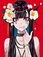 Anime 1525x2000 women portrait display artwork digital art 2D looking at viewer fangs flower in hair necklace long hair painting illustration original characters red background drawing finger on lips anime girls anime face flowers dark hair colorful brace