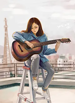 我的心里住着一个弹吉他的女孩-七七酱_涂鸦,吉它,民谣_涂鸦王国插画