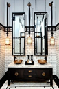 Traditional Master Bathroom with Black scroll full length mirror, Double sink, High ceiling, European Cabinets, Vessel sink: 