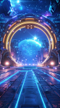 Urban background with blue, purple, and gold lighting effects, golden sci-fi circular space entrance, floating futuristic stage on the ground, circular entrance leading to the starry sky outside, increasing depth and perspective effects, high-resolution, 