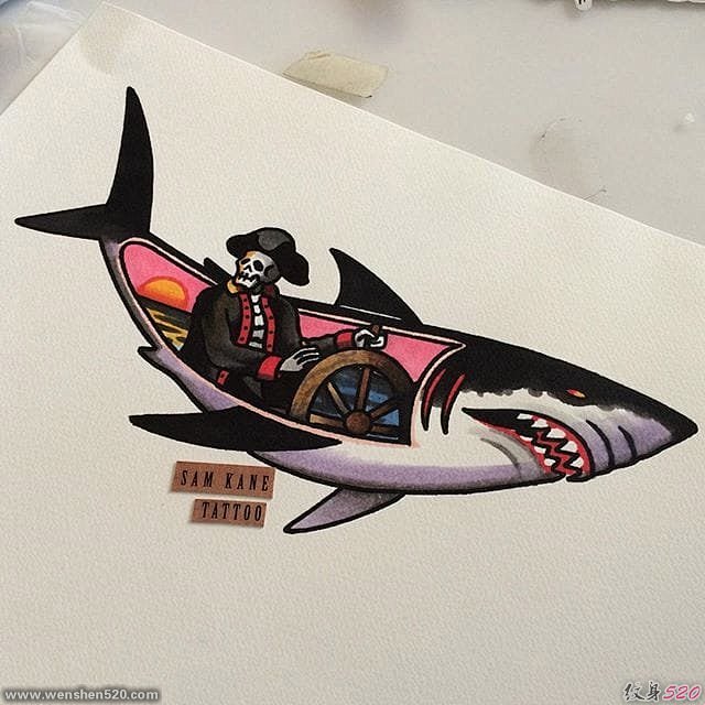 大海风景纹身动物鲨鱼纹身图和开船的死神纹...