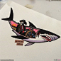 大海风景纹身动物鲨鱼纹身图和开船的死神纹身图案手稿