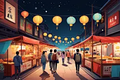扁平化人物逛街集市场景插画