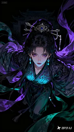 jimeng-2025-09-16-2409-黑暗风格插画。俯视角拍摄，人物脸部特写，动漫风格。仙侠风格，长发汉服女子，华丽飘