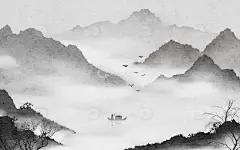 手绘中国风水墨画群山云雾古风复古背景高清模板免费下载-趣麦麦图