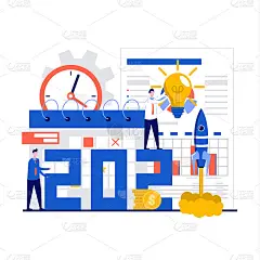 具有特色的2021年商业项目启动流程概念。理念通过计划和策略，时间管理，实现。现代平面风格的登陆页，