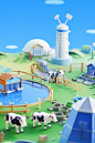 3D rendered miniature scene design, 3D printed milk miniature production factory model, perspective material pipeline transporting milk, grass factory with a huge model of a drink bottle in the center surrounded by many workers and cows, blue sky and whit