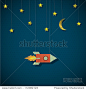 Vintage rocket in space. Vector paper-art