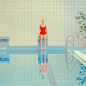 Maria Svarbova\泳池系列\SWIMMING POOL
“游泳池”系列照片始于2014年，是Maria设计的最大的一组摄影创作系列。她会费尽心思的找到有趣的地方，各种公共游泳池、大操场等，玩转现场各种形状、光影及色块组合，迸发灵感进行创意拍摄。
作品中，还表达了她对社会人物关系、环境污染、水源枯竭等各种问题的反思与探讨，提升作品的深度与可读性。