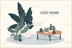 温馨的家主题手工插画。简单的室内设计，用于家居装饰印花，花店装饰，墙纸，包或t恤印花，艺术工作室等。