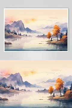 AI数字艺术水墨风秋天秋季自然风景插画