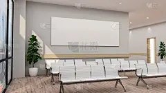 白色的医院大厅有一扇门，白色的椅子供等待医生的病人使用。一个海报。三维渲染模型