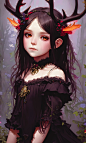 General 1920x3200 women antlers black hair looking at viewer orange eyes vertical fantasy girl fantasy art