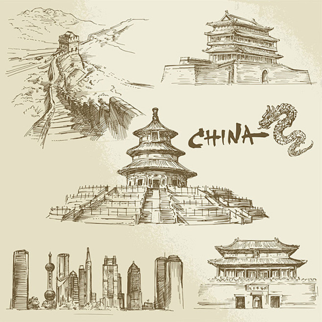 中国著名建筑手绘速写插画长城天坛故宫石狮...