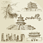 中国著名建筑手绘速写插画长城天坛故宫石狮子文化遗产矢量素材-淘宝网