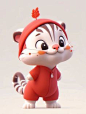 a small toy tiger with a hat on it's head and tail, standing in front of a gray background