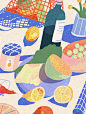 This may contain: a painting of food on a table with bottles and utensils in the background