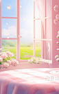 pink room with a window and flowers, in the style of photobashing, cartoon mis-en-scene, soft, romantic landscapes, organic material, glazed surfaces, pure color, 3840x2160