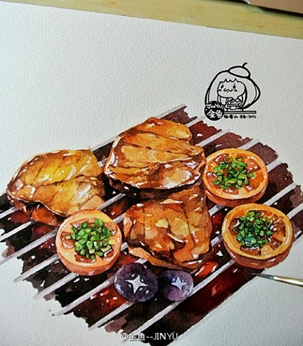烧烤/烤肉水彩手绘过程⑧ @金鱼酱-JI...