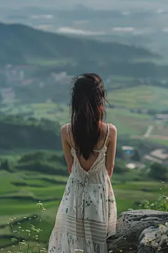 户外郊游文艺女孩背影