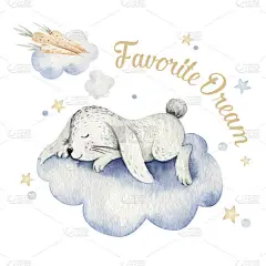 可爱的卡通兔子手绘水彩画.幼儿保育服装时装设计,婴儿淋浴邀请卡.