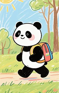 卡通大熊猫背书包去上学