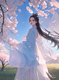 蓝袍佳人樱下立，手持白花享春怡 - 小红书